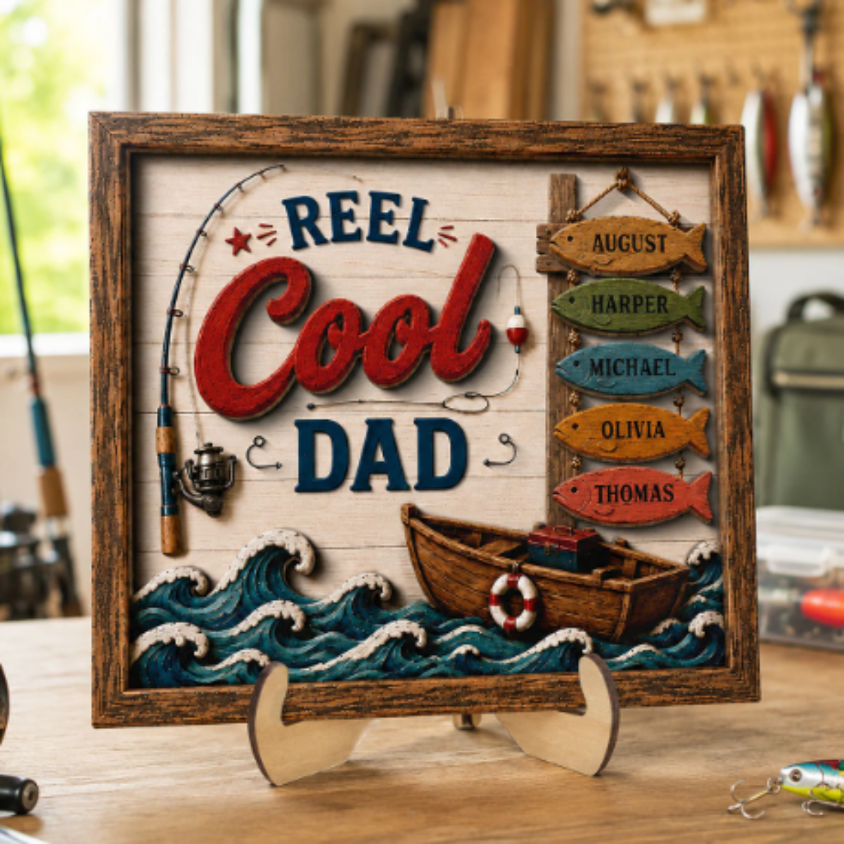 Reel Cool Dad Custom Kids Names Fishing - Personalized Wooden Frame - Father s Day Gift For Dad