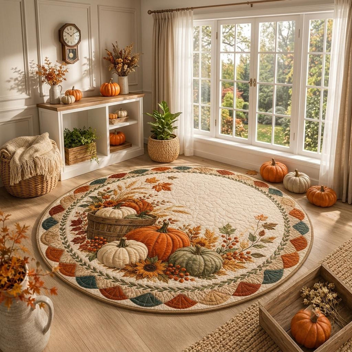 Fall Pumpkin Round Quilted Rug, Autumn Harvest Area Rug, Farmhouse Pumpkin Decor, Thanksgiving Rug, Cozy Fall Home Decor e0173028-c498-478a-8f8e-b68aed6801f9-2.jpg