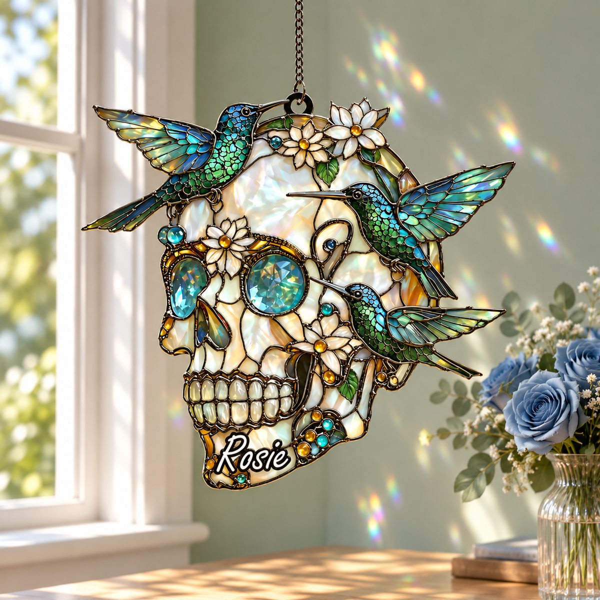 Personalized Hummingbird Skull Suncatcher, Costum Name Faux Stained Glass Window Hanging, Custom Name Gothic Decor, Asthetic Gift For Friends, Family e08e7a73-fc6f-434e-833b-b303e85499ae-p-1.png