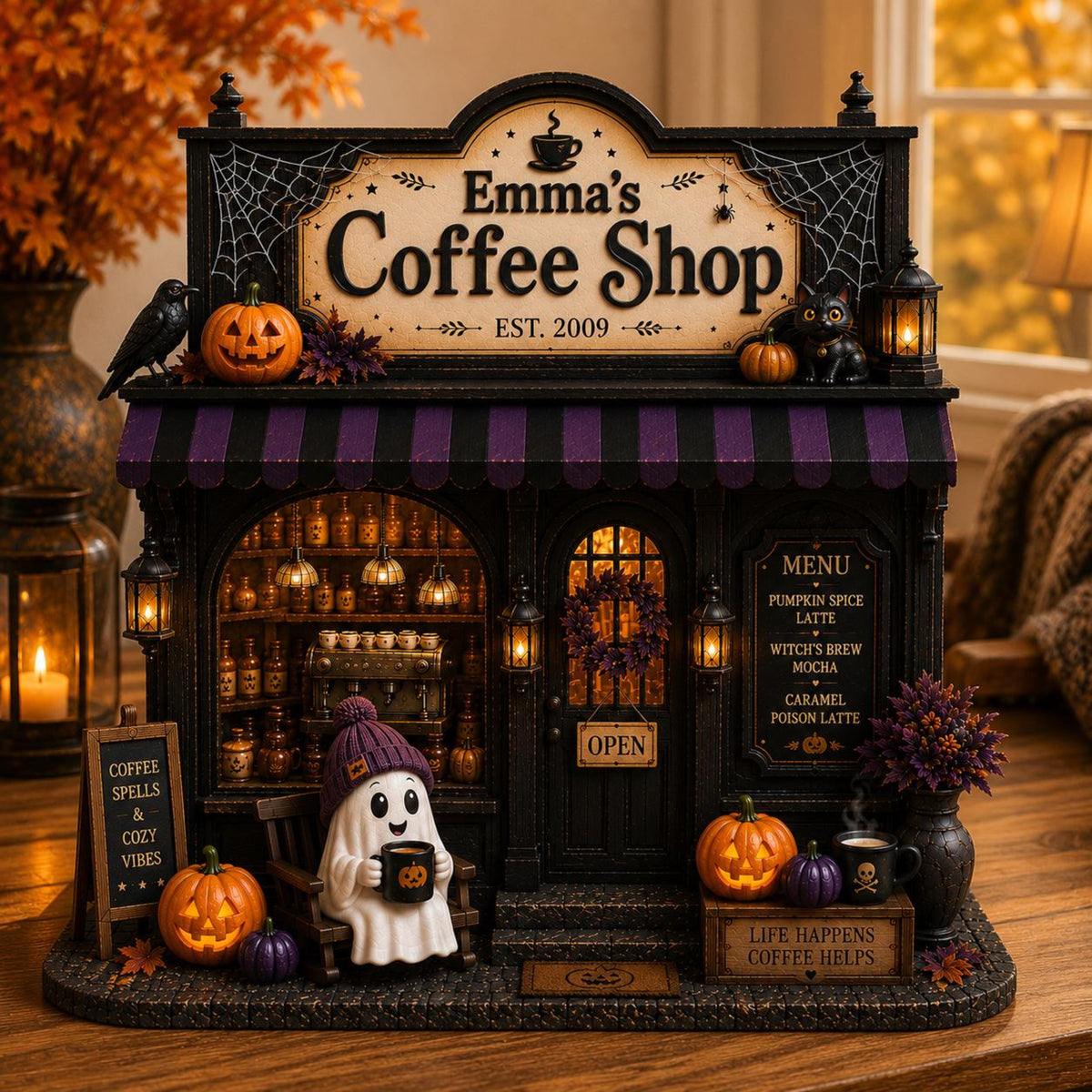 Personalized Ghost Coffee Shop Wood Sign, Spooky Cafe Bar Halloween Shelf Display, Miniature Coffee Decor, Halloween Gift For Coffee Lover e114785a-3232-4b83-b139-4ccd884b922a-3.jpg