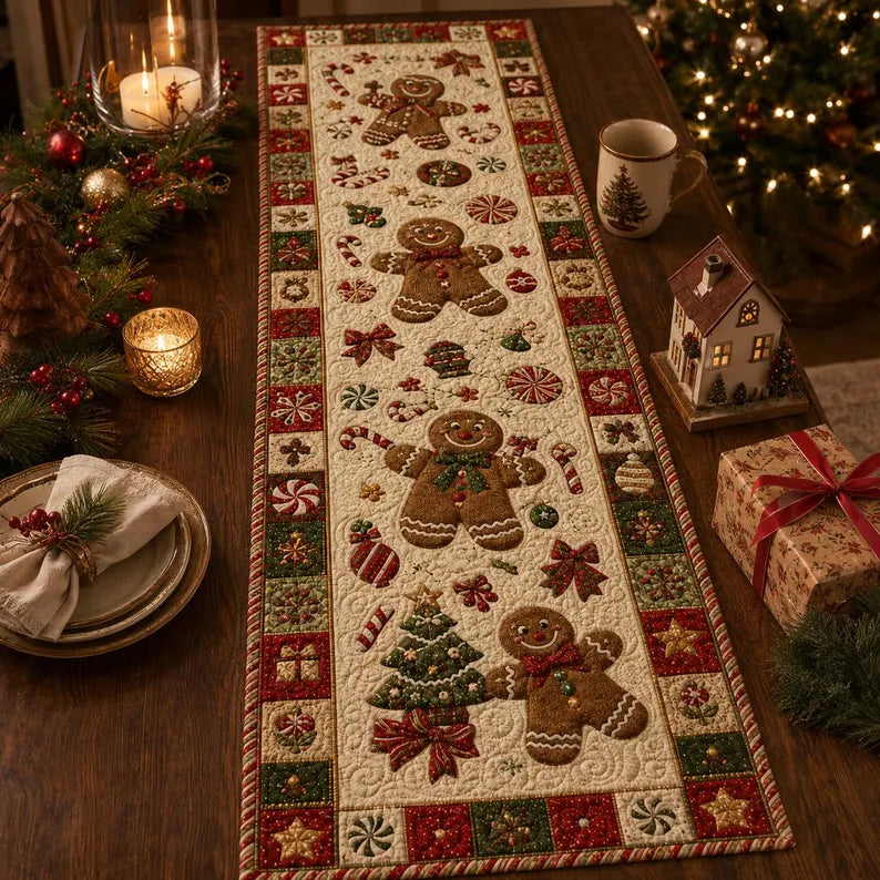 Christmas Gingerbread Table Runner, Candy Cane & Peppermint Quilt Style Decor, Festive Holiday Dining Accent, Winter Kitchen Table Gift Set. e120c843-01da-4b7a-975e-f369bd9650ed-sdfsd-1-.webp