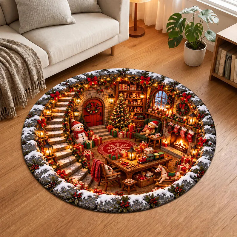 3D Illusion Christmas Rug, Santa Village North Pole Round Rug, Snowman Christmas Floor Decor, Winter Holiday Area Rug, Xmas Home Decor e1333aa8-1c3c-4903-bc49-1eadcd003fc2-dfgdfggf-4-.webp