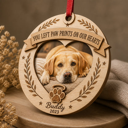Pet Memorial Photo Ornament — You Left Paw Prints On Our Hearts - Personalized 3-Layered Wood Ornament e1583000-fe67-453c-a7be-34546d4c99be.jpg