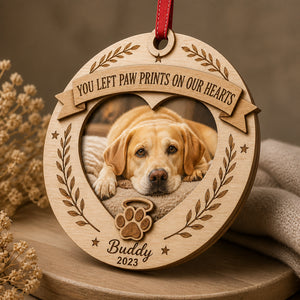 Pet Memorial Photo Ornament — You Left Paw Prints On Our Hearts - Personalized 3-Layered Wood Ornament e1583000-fe67-453c-a7be-34546d4c99be.jpg