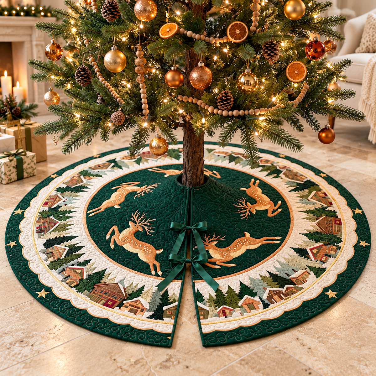 Quilted Reindeer Christmas Tree Skirt, Green Woodland Deer Tree Base Cover, Rustic Holiday Home Decor, Family Christmas Gift e181af84-9db6-4640-b7a1-5e759954150f-Ch-n-v-y-Noel-h-a-ti-t-tu-n-l-c-2.png
