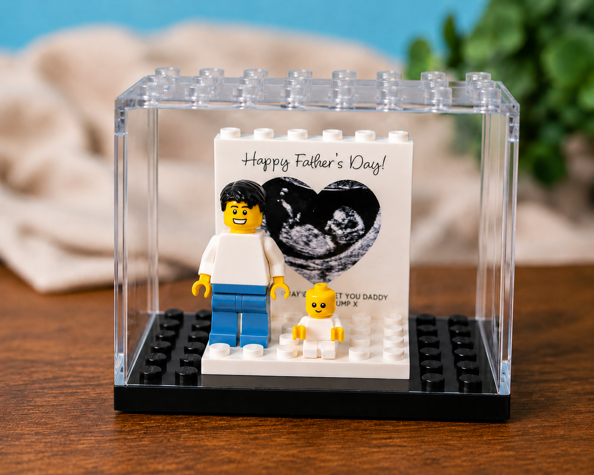 Baby Scan Photo Block, Personalised First Father's Day Gift, Custom Dad Minifigure, New Dad Pregnancy Keepsake, Daddy Gift From Bump