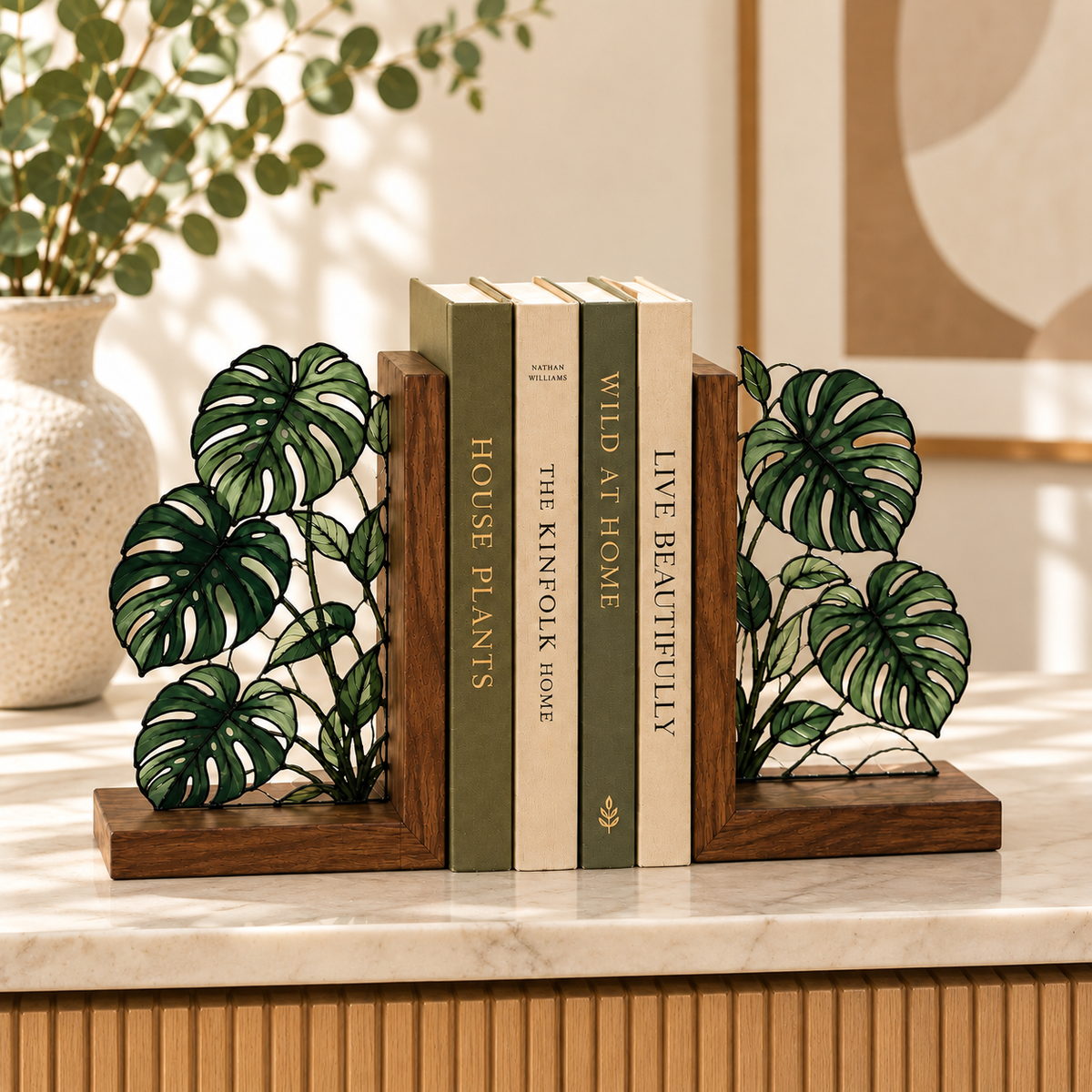 Monstera Stained Glass Bookends, Walnut Wood Botanical Book Decor, Tropical Plant Bookshelf Accent, Book Lover Gift, Housewarming Gift e204f3d7-8d2c-4ebe-bdc7-b18299a1798c-Walnut-monstera-bookends-with-cream-and-olive-books-4.png