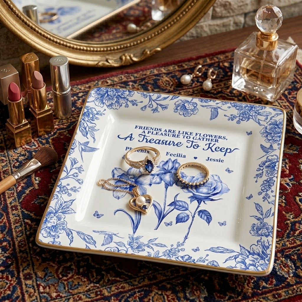 Grow An Old Friend Toile Birth Flower - Personalized Ring Dish