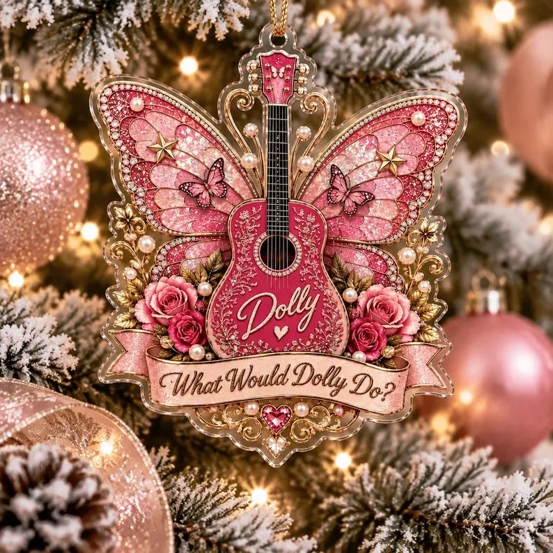 Dolly Parton Guitar Ornament, What Would Dolly Do Christmas Decor, Butterfly Guitar Design, Music Lover Christmas Gift, Holiday Collectible e2781cad-378f-41c5-b6db-2b1798a8c78a-fdhb-3-.webp