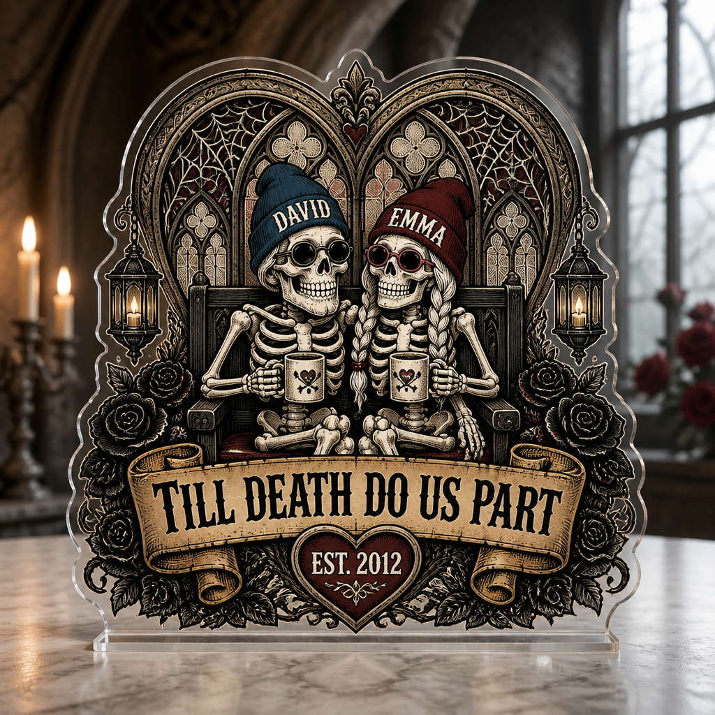 Till Death Do Us Part Skeleton Couple – Personalized Names & Est. Year Acrylic Standee - Personalized Acrylic Custom shape Standing 1 layer (FS) e303e2df-f922-46d9-b297-2ea241d901ce.png