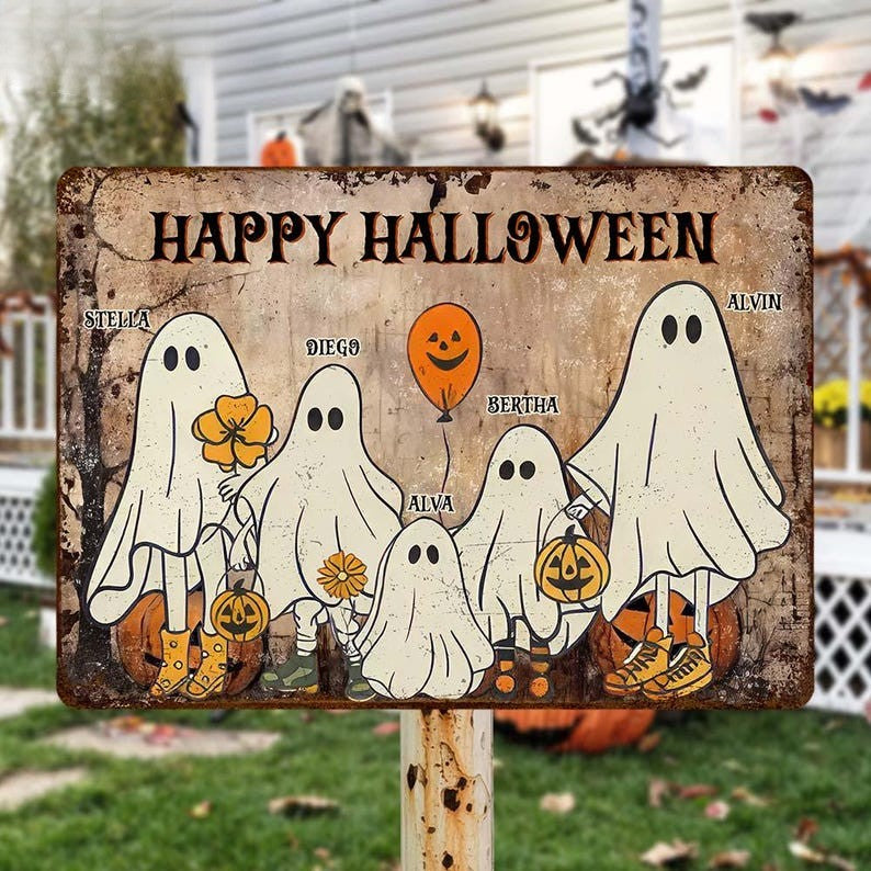 Custom Happy Halloween Ghost Family - Personalized Metal Sign, Halloween Gift For Family, Halloween Decor, Halloween Family Yard Sign