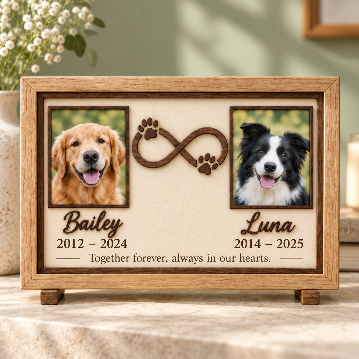Personalized Memorial Photo Frame for Two Dogs, Custom Wooden Pet Picture Frame, Angel Wings Heart Keepsake, Pet Loss Sympathy Gift e33e5ddc-0b08-4f42-b549-d094119bf286-Endless-love-wooden-pet-memorial-frame-3.png