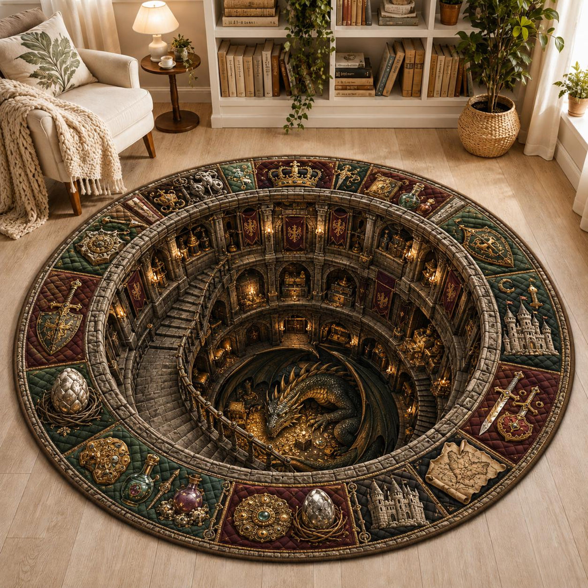 Dragon Fantasy Round Rug, 3D Illusion Medieval Castle Floor Mat, Dragon Lair Dungeon Rug, Gothic RPG Home Decor e3b8d8d9-d808-4415-a4cc-5ffed0b6170a-6.jpg