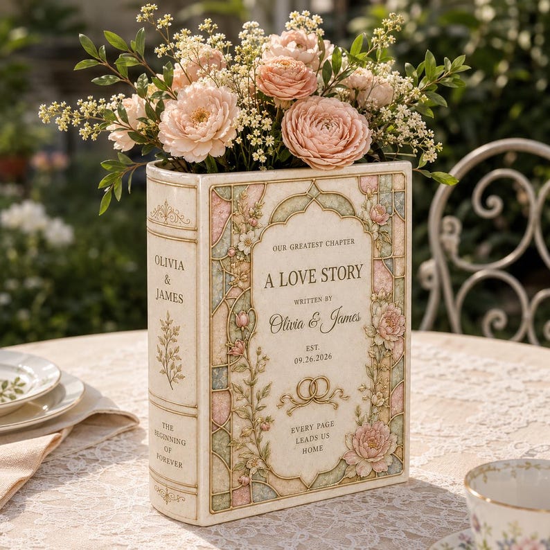 Personalized Ceramic Book Vase, Custom Couple Names and Wedding Date, Floral Stained Glass Style Anniversary Home Decor, Gift For Wedding e3f31a6e-02eb-418e-9700-48b2984f2aec-n4.jpg