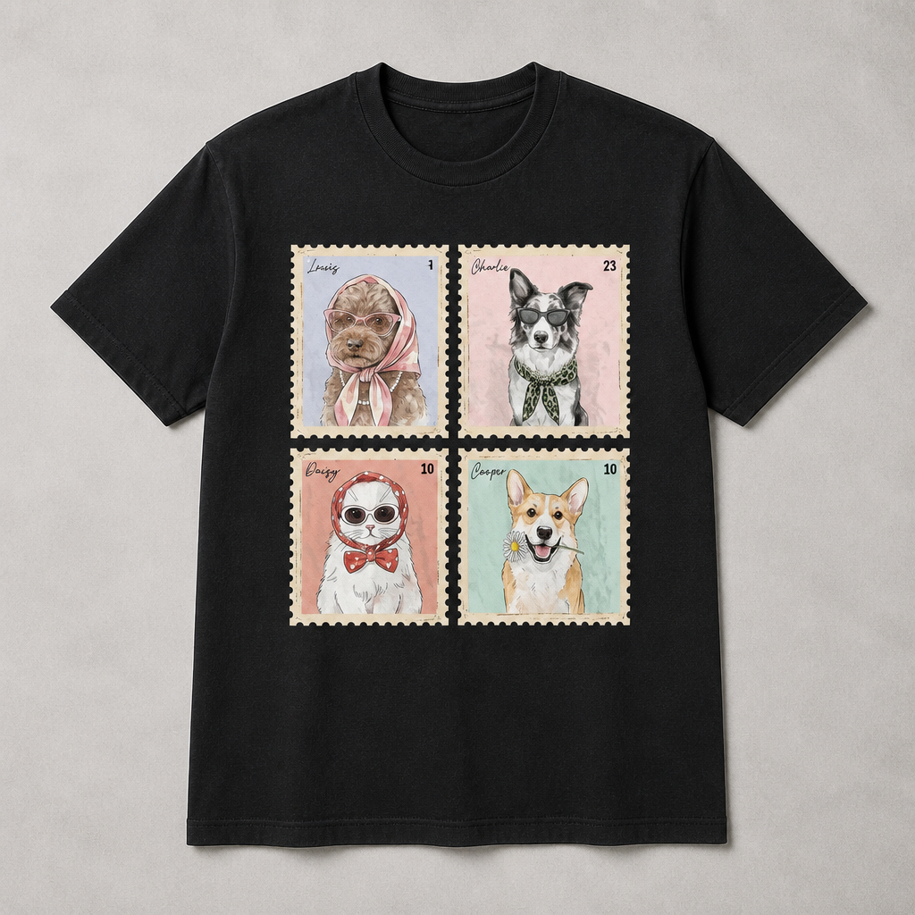 Pet Postage Portraits – Custom 4-Pet Watercolor Tee - Personalized T-shirt e42e4573-449f-4f27-8d1a-40d9d956a04e.png