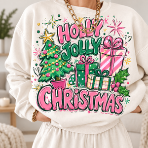 Holly Jolly Christmas Sweatshirt – Quirky Pink & Green Christmas Tree Sweater, Colorful Retro Holiday Gift for Her e445903e-8df1-489d-a255-685aa1058fb8-1.png