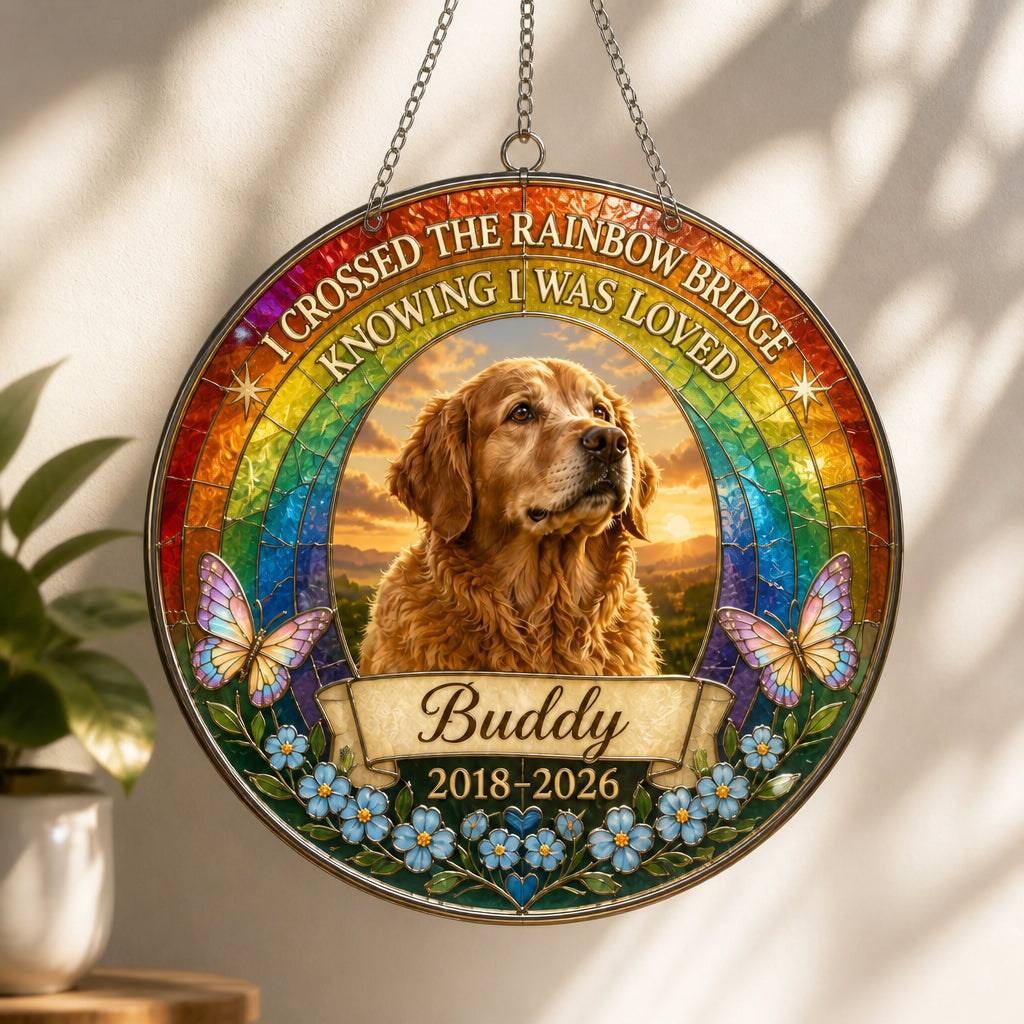 Rainbow Bridge Pet Memorial Stained-Glass Suncatcher — Photo, Name & Years - Personalized Suncatcher Stained Glass e4a30c2c-eb2e-49b3-b4c2-4dcb7d216631.jpg