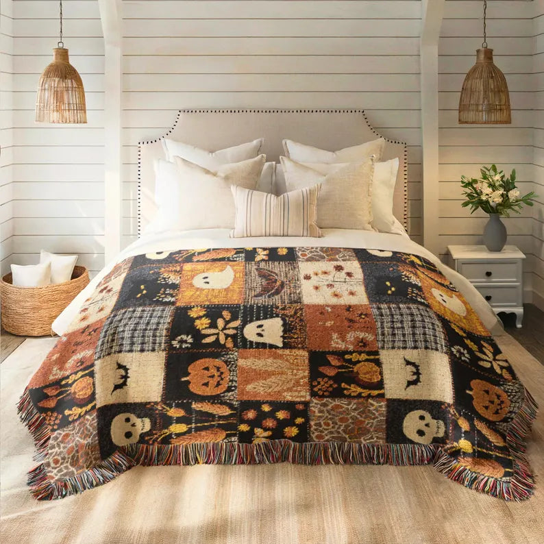 Halloween Patchwork Woven Blanket, Spooky Ghost Throw, Witchy Floral Fall Home Decor e4b64aeb-b7c0-4a04-81fa-87b69f035226-HJ-1-.webp