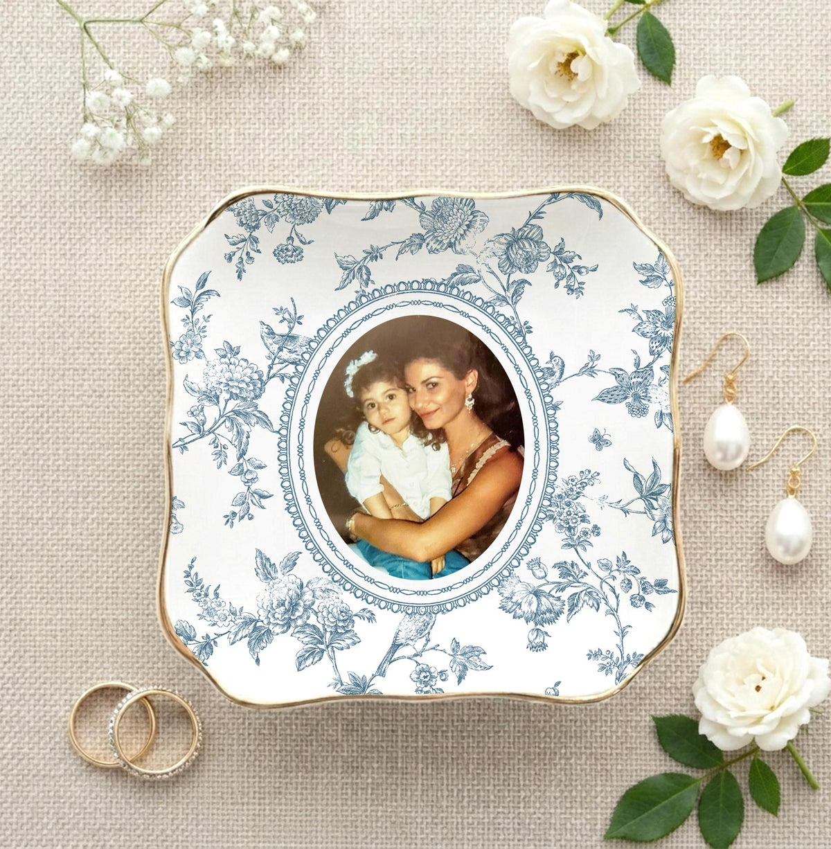 Mother of the Bride Gift, Toile De Jouy Trinket Tray, Custom Mother Photo Ring Dish, Mother of the Bride Wedding Day Gift from Daughter e4d47a58-c376-4f0f-926e-7c7d1874e82b-7.jpg