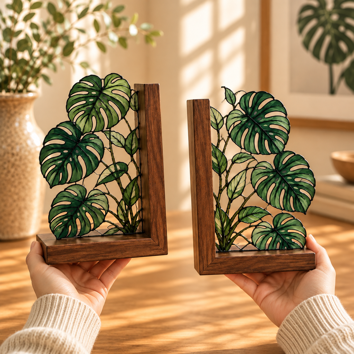Monstera Stained Glass Bookends, Walnut Wood Botanical Book Decor, Tropical Plant Bookshelf Accent, Book Lover Gift, Housewarming Gift e4ed15b0-45ff-4925-a3ae-7f668e01b09f-Hands-Holding-Walnut-Monstera-Bookends.png