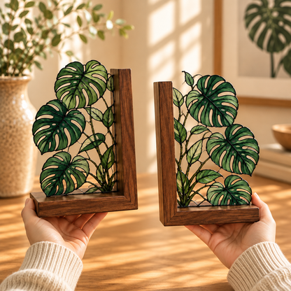 Monstera Stained Glass Bookends, Walnut Wood Botanical Book Decor, Tropical Plant Bookshelf Accent, Book Lover Gift, Housewarming Gift e4ed15b0-45ff-4925-a3ae-7f668e01b09f-Hands-Holding-Walnut-Monstera-Bookends.png