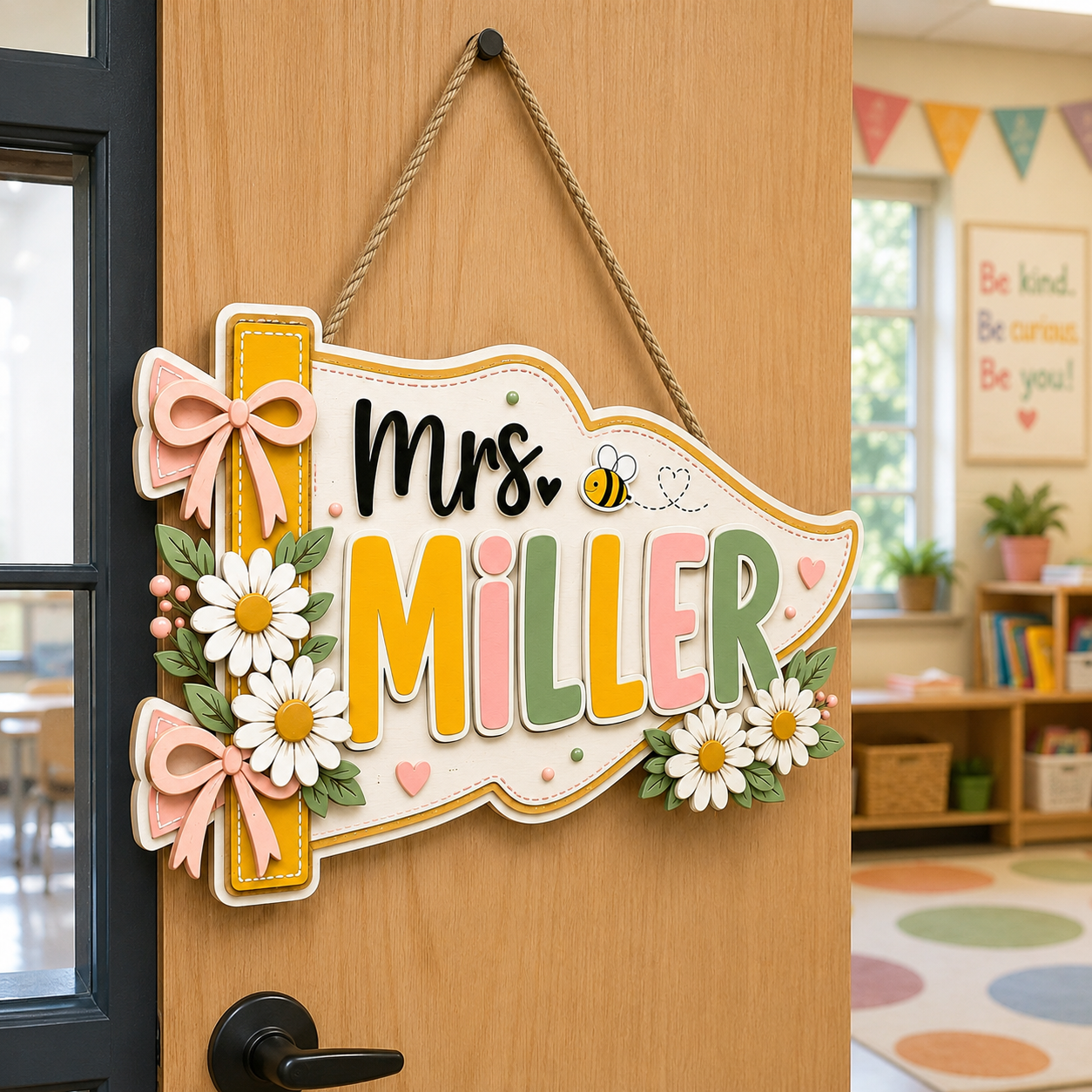 Personalized Teacher Pennant Sign with Daisies, Bow, Flag Name Sign, Custom 3D Wooden Teacher Door Sign, Classroom Decor, New Teacher Gift e4f299ca-f75b-4b46-bbe5-8f8be0ca1f03-banner-1.png