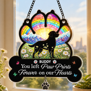 Pet Memorial Rainbow Suncatcher — Paw Prints on Our Hearts - Personalized 1 Layered Suncatcher with Charm e51625e7-1577-4844-a688-d9796414410c.png