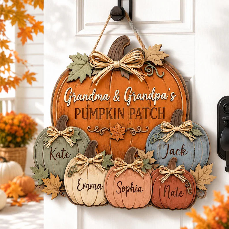 Personalized Grandma & Grandpa's Pumpkin Patch Door Hanger, Custom Grandkids Name Pumpkin Sign, Autumn Front Door Decor, Grandparent Gift e52019eb-9d75-4e09-9801-64531badb53e-ds-12-.webp