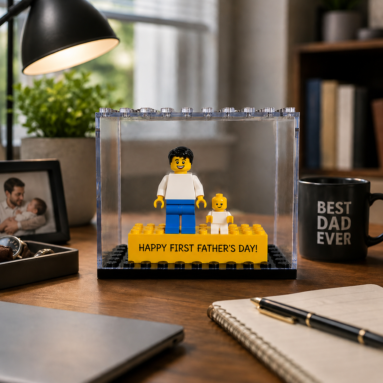 Personalized Minifigure Set with Custom Display Case , First Fathers Day Personalised Mini Figure Gift for Dad, Custom Daddy & Baby Keepsake