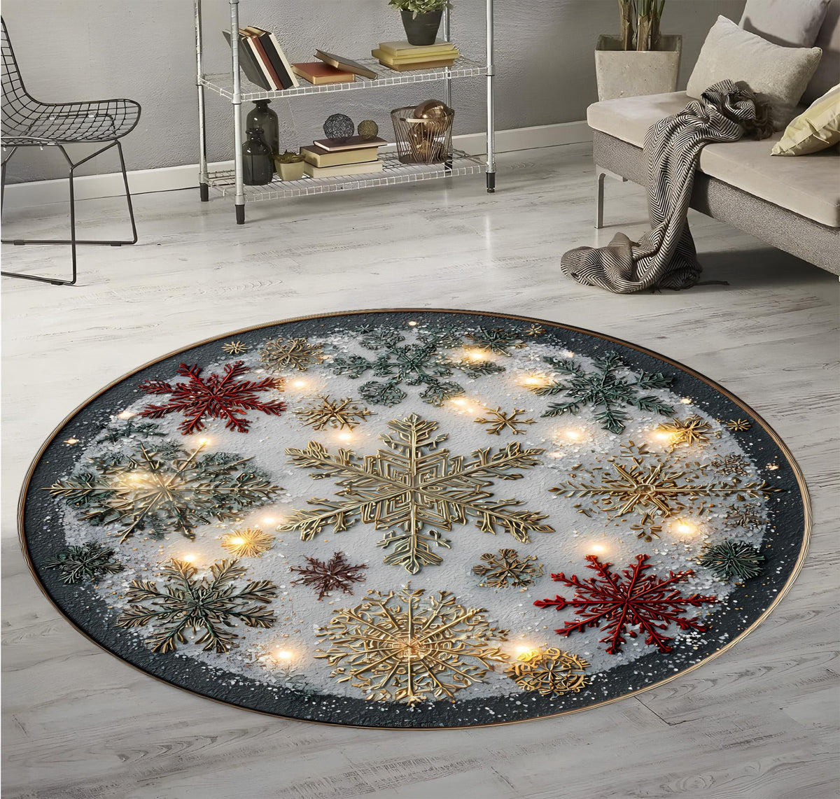 Round Christmas Snowflake Rug, Winter Holiday Carpet, Festive Living Room Decor, Cozy Xmas Floor Mat with Gold and Red Design e5a88ea4-b7c9-4067-9e31-93158ffd316b-3.jpg