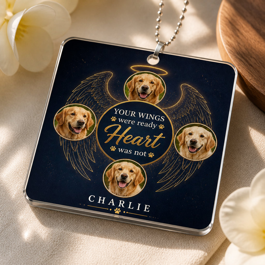Pet Memorial Car Suncatcher Ornament – Your Wings My Heart – 4-Photo Collage with Name - Personalized Suncatcher Ornament e5ab5d2a-44d7-4687-b241-4bc3da061d99.jpg
