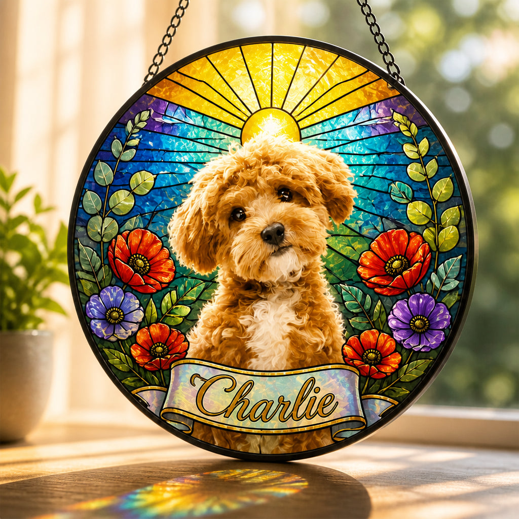 Custom Pet Photo Stained-Glass Suncatcher – Floral Sunrise - Personalized Suncatcher Stained Glass e5b4fa6d-5364-486e-a450-78c1c573ecc7.jpg