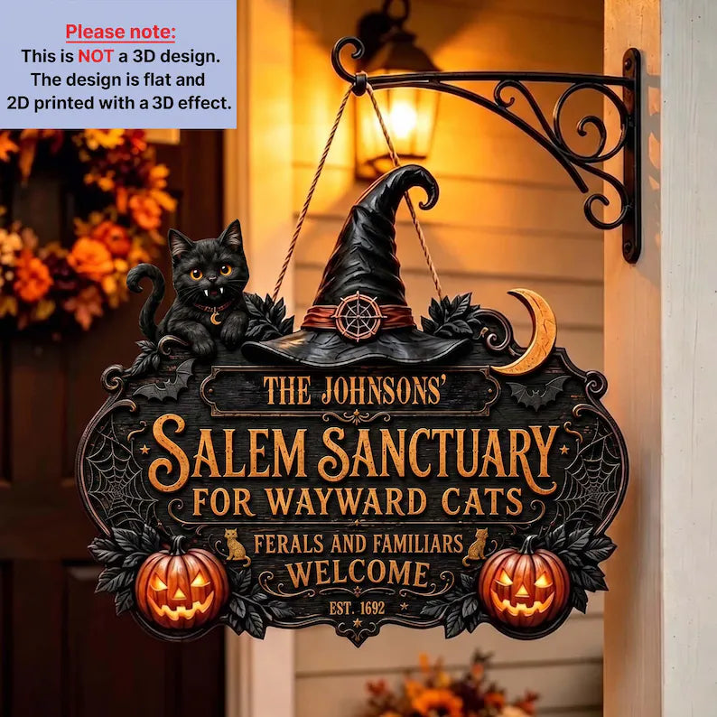 Personalized Halloween Cat Welcome Sign, Salem Sanctuary For Wayward Cats Ferals And Familiars Welcome, Spooky Door Decor, Custom Fall Sign e6095474-b509-4976-845e-37e483081bf4-hjhj-1-.webp