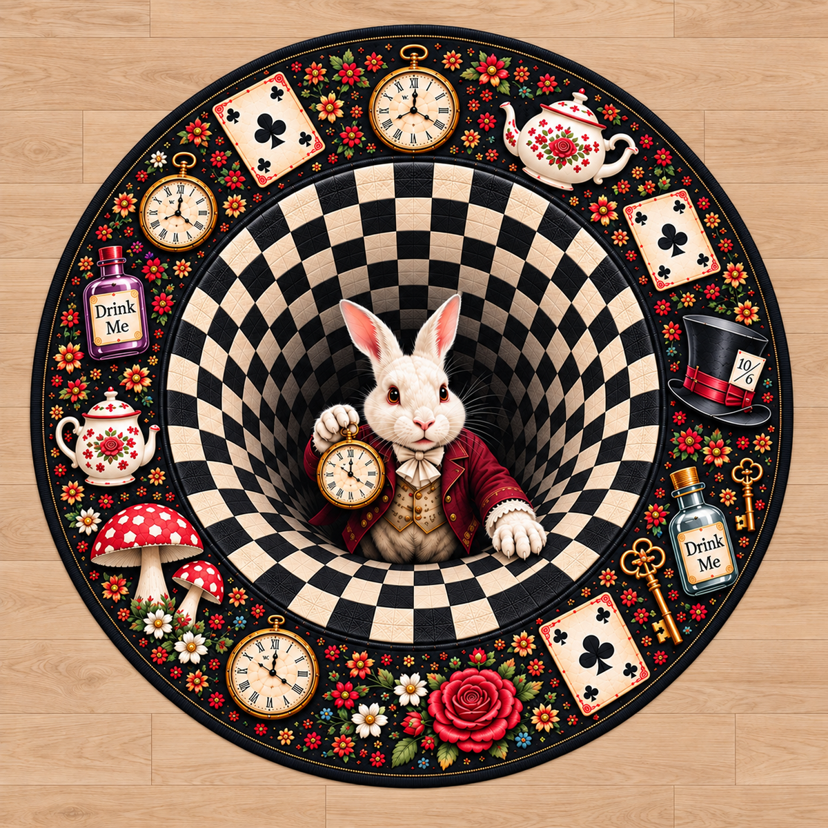 3D Rabbit Hole Optical Illusion Round Rug, Whimsical Bunny Tea Party Floor Mat, Checkered Vortex Carpet, Fantasy Wonderland Home Decor e63c18e3-fd8a-43f4-9cfb-b2f72e205fc5-Th-m-tr-n-ng-t-m-v-i-th-tr-ng.png