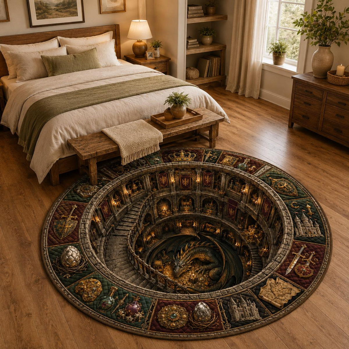 Dragon Fantasy Round Rug, 3D Illusion Medieval Castle Floor Mat, Dragon Lair Dungeon Rug, Gothic RPG Home Decor e65261f0-0371-47a8-ba72-dcf64b8be974-3.jpg