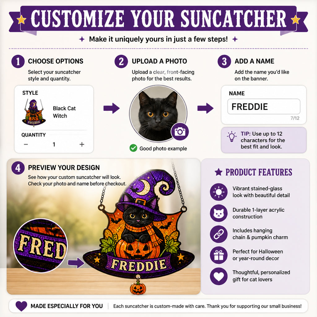 Personalized Halloween Witch-Hat Cat Doormat (Custom Shape) - Personalized 1 Layered Suncatcher with Charm e6708046-3089-441f-918d-9fa0c9563f55.jpg