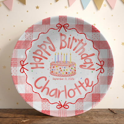 Personalized Pink Gingham Birthday Plate, Custom Name Date Girl Birthday Keepsake, Pink Bow Ceramic Party Decor e6a40b13-835c-49f1-9a8b-ebfc662e10d0-4.jpg