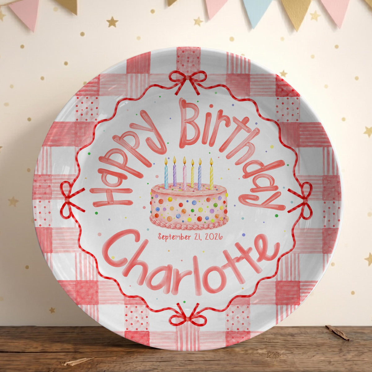 Personalized Pink Gingham Birthday Plate, Custom Name Date Girl Birthday Keepsake, Pink Bow Ceramic Party Decor e6a40b13-835c-49f1-9a8b-ebfc662e10d0-4.jpg