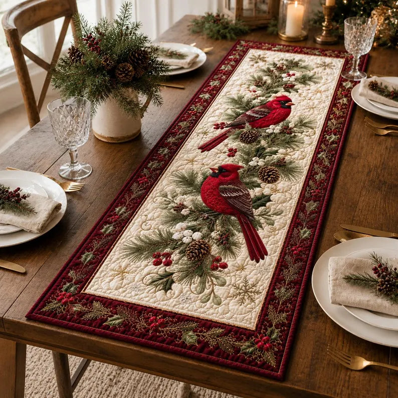 Quilted Red Cardinal Christmas Table Runner, Winter Pine Berry Decor e6e00d14-e6d2-4211-8e04-7afced3f53da-cds-2-.webp