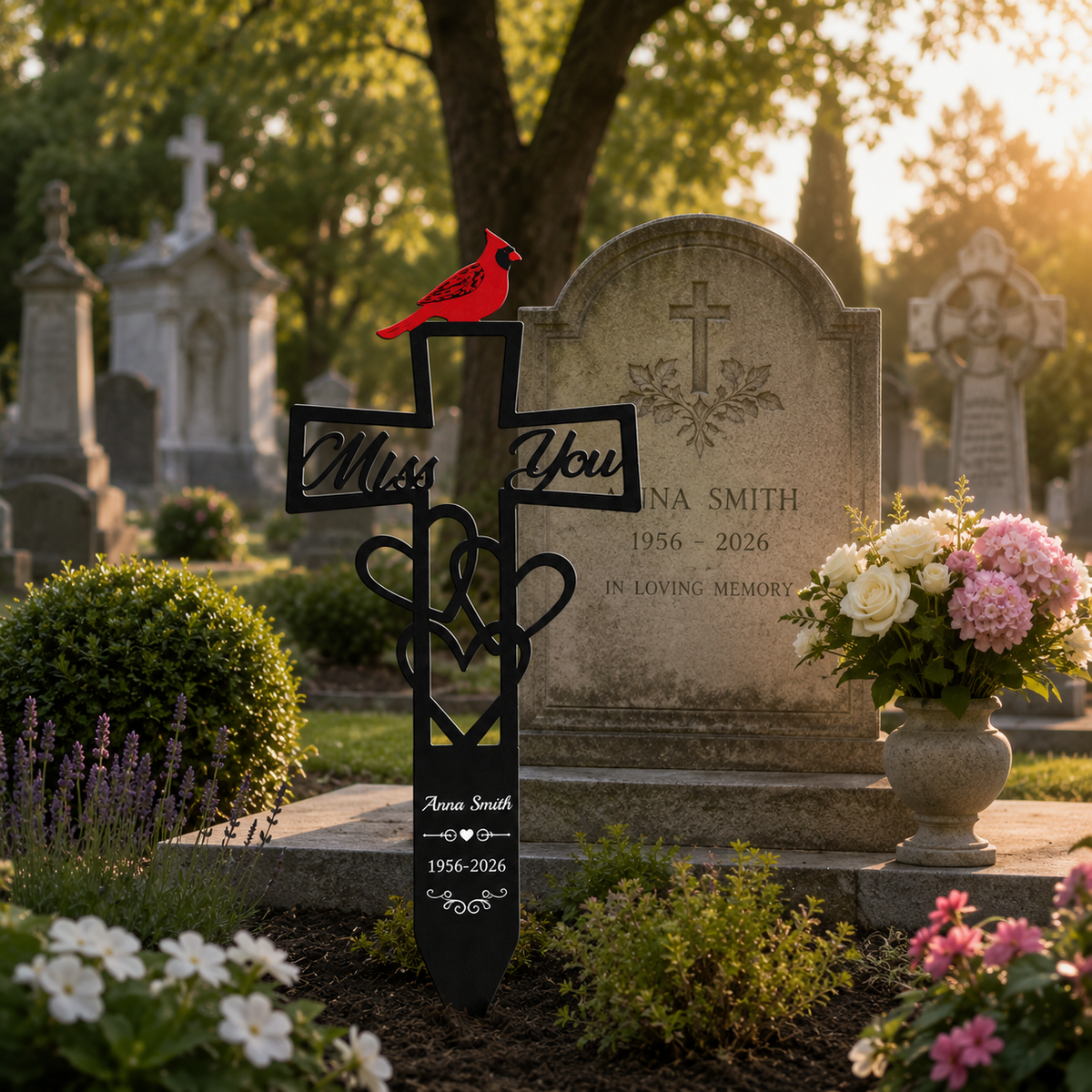 Cemetery Memorial Plaque with Cardinal & Cross Weatherproof Grave Marker with Miss You Script, Heart Accent, Outdoor Ground Stake for Garden, Cemetery Remembrance Tribute