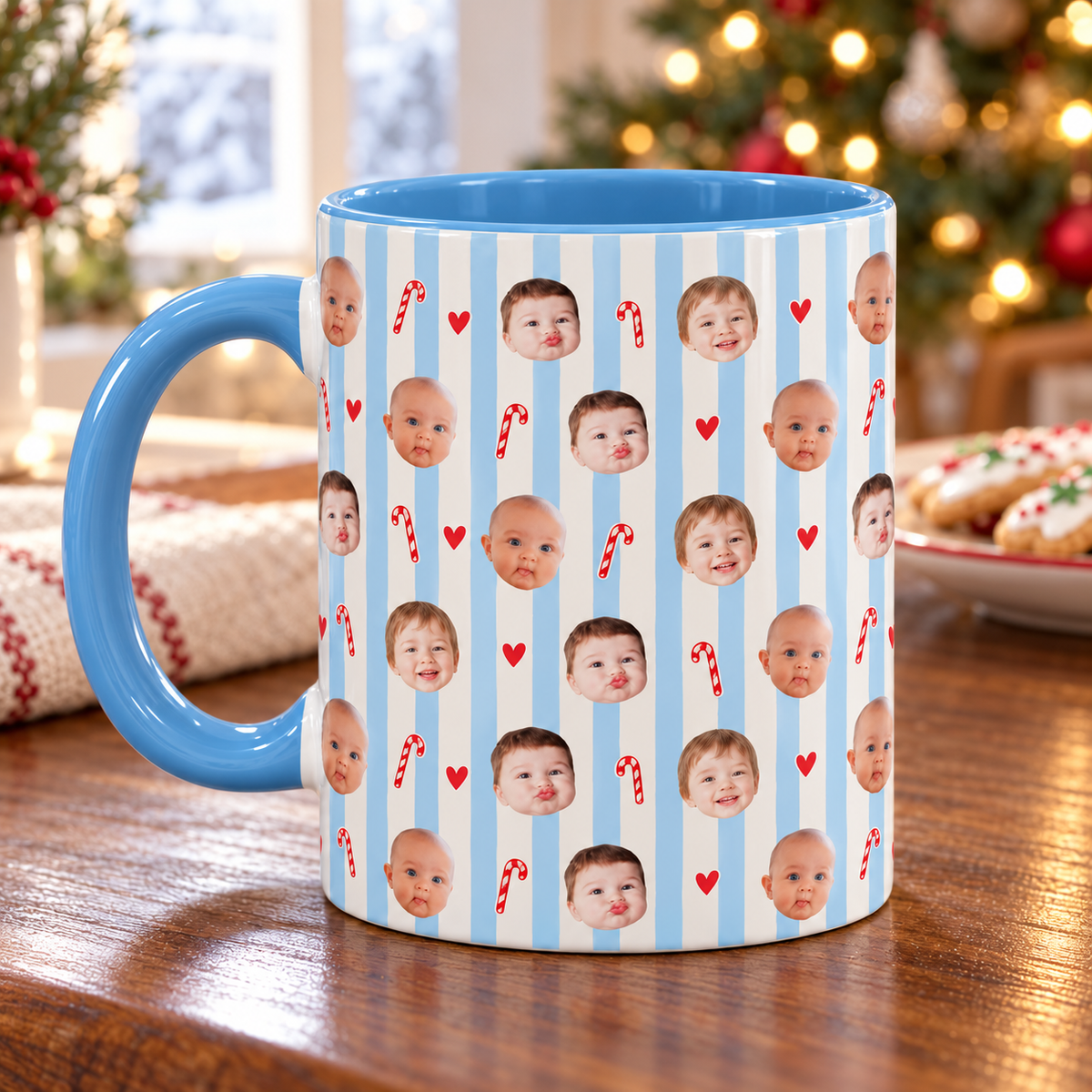 Personalized Christmas Photo Mug, Custom Baby Face Coffee Cup with Candy Canes and Stripes, Holiday Gift for Mom, Dad and Grandparents e72e99d0-5612-4ccd-be64-34346b8f7f6e-Blue-striped-candy-cane-baby-photo-mug-2.png
