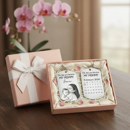 Custom Photo Pencil Sketch Calendar The Day You Became My Mom - Personalized Keychain