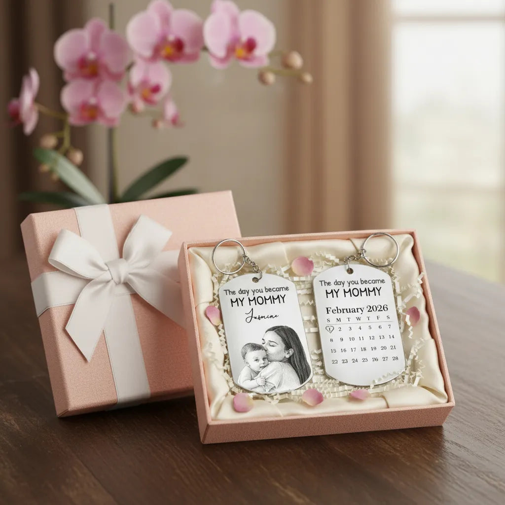 Custom Photo Pencil Sketch Calendar The Day You Became My Mom - Personalized Keychain