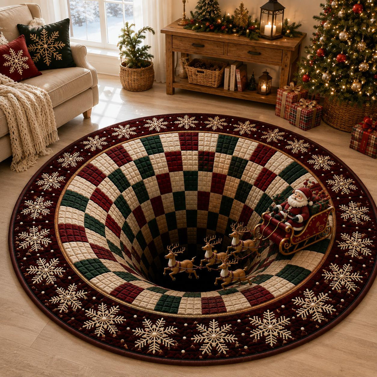 Christmas Santa Sleigh Vortex 3D Round Rug, Reindeer Checkered Optical Illusion Floor Mat, Christmas Gift, Non Slip Xmas Home Decor e7ffd081-11b9-4f02-93d2-9a39fb4a1c3c-3.jpg