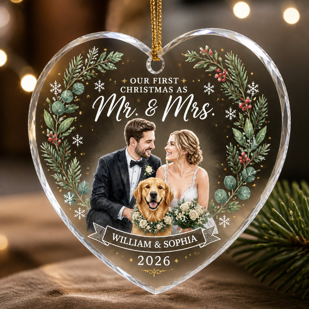 Our First Christmas as Mr. & Mrs. – Custom Couple Portrait Heart Acrylic Ornament - Personalized Transparent Acrylic Ornament e8176569-7a17-4fa5-b6d4-1d855ebd644b.jpg