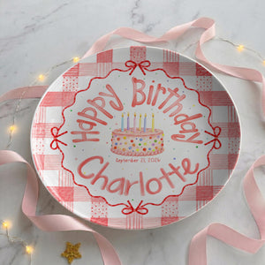Personalized Pink Gingham Birthday Plate, Custom Name Date Girl Birthday Keepsake, Pink Bow Ceramic Party Decor e8257db7-614e-4010-be05-ded611288ec1-5.jpg