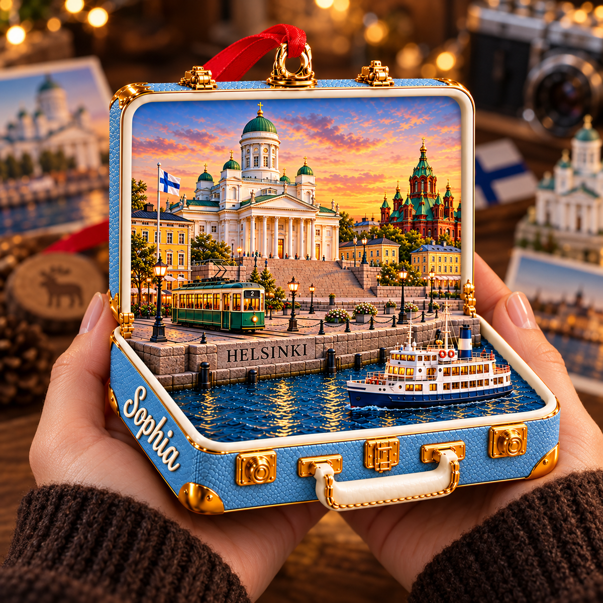 Personalized 3D Helsinki Cathedral Suitcase Christmas Ornament – Helsinki Finland Travel Souvenir & Gift for Helsinki Lovers e8822dc5-3abc-437a-9523-e6d2f58b4995-Handheld-Helsinki-Miniature-at-Sunset-3.png
