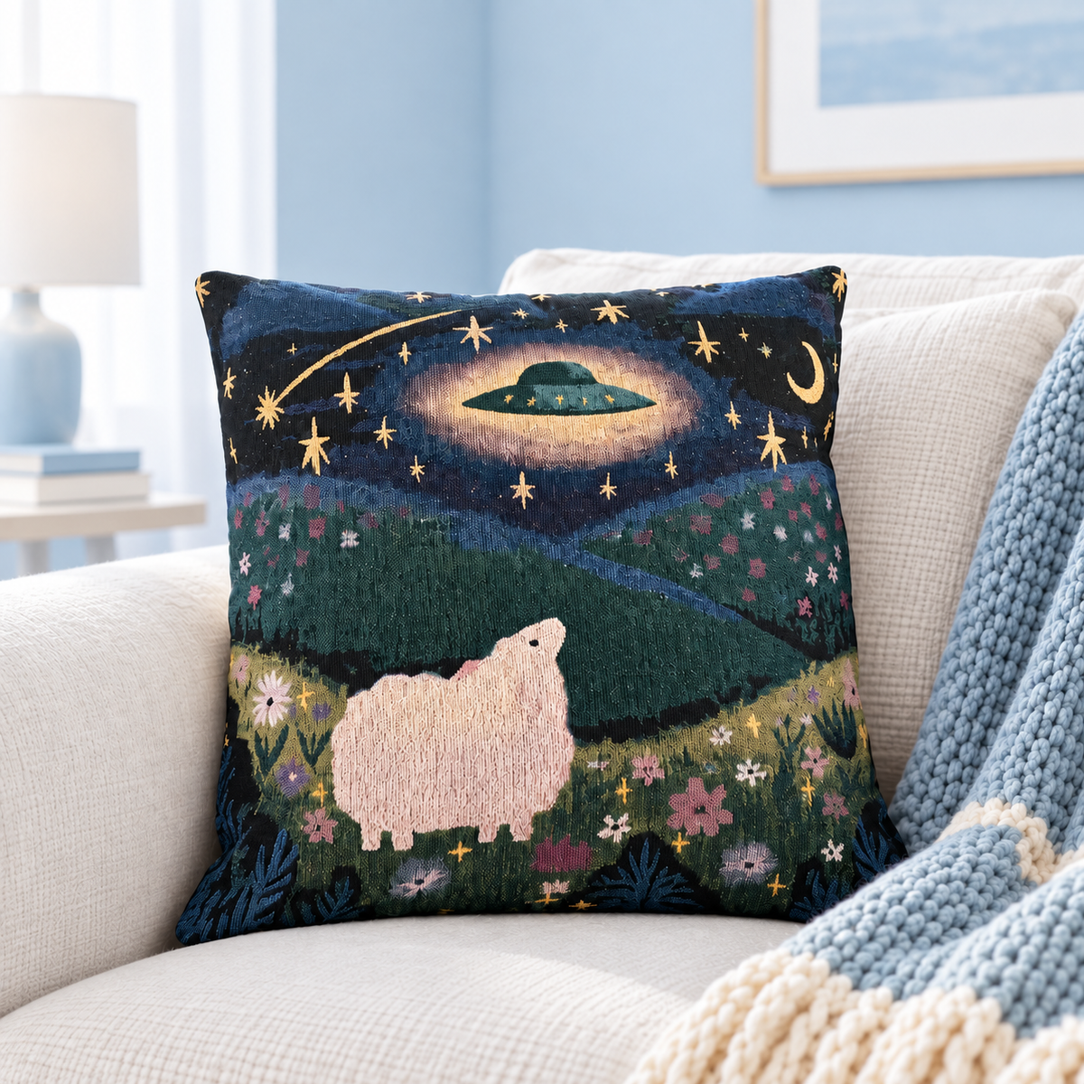 UFO Sheep Woven Throw Pillow, Alien Abduction Tapestry Cushion, Whimsical Celestial Home Decor, Sci-Fi Gift e8979207-06a4-4dfc-b889-70551abf6c11-lllllllll.png