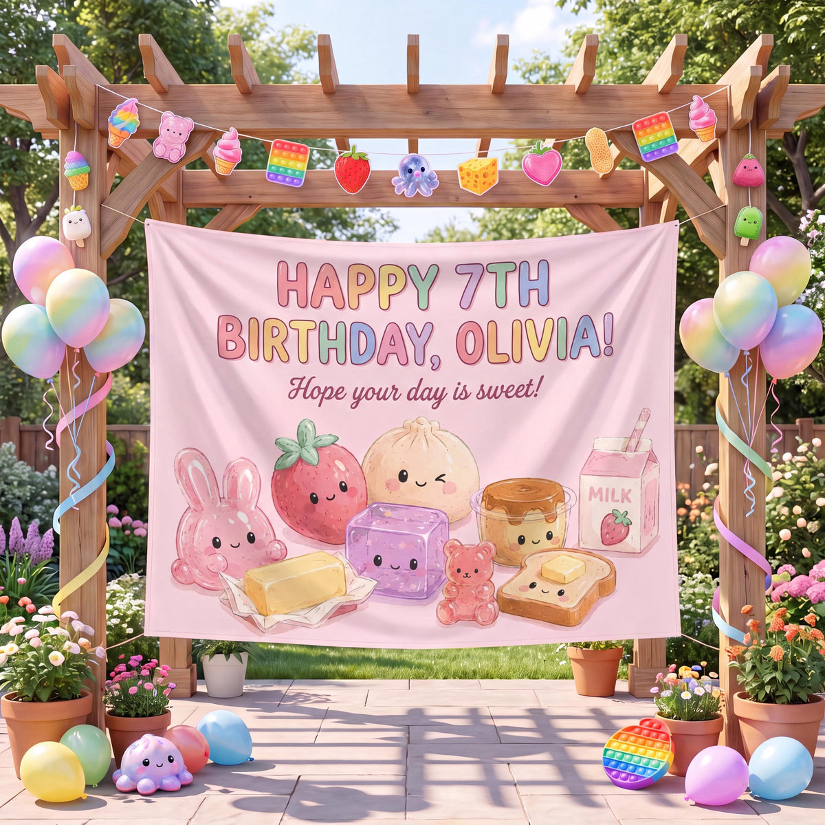 Custom Pastel Rainbow Kawaii Birthday Backdrop, Sensory Toy Fidget Party Banner, Personalized Dumpling Tapestry Photo Booth Decor e8a42bed-92f8-4c75-82cf-6ad1708562f7-4.jpg
