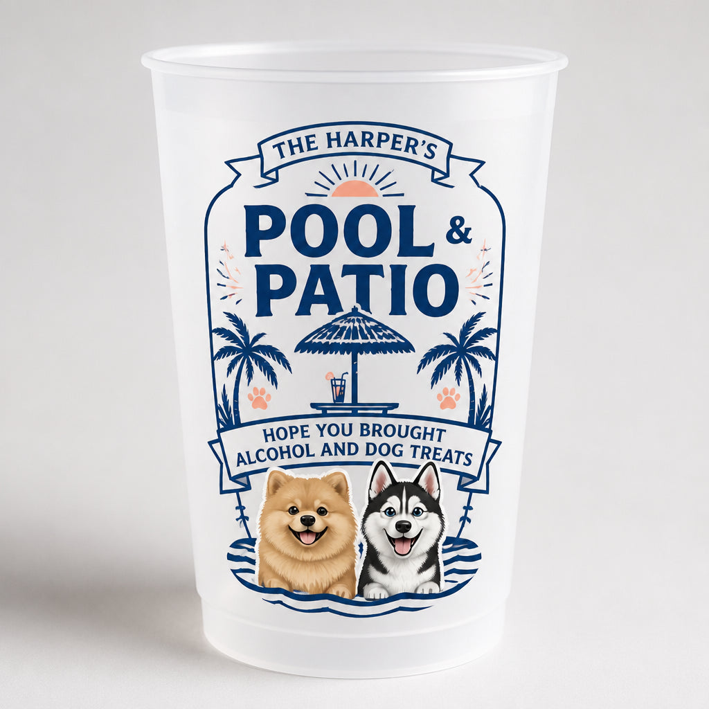 Custom Pool & Patio Frosted Cup – Family Name + 2 Pet Portraits - Personalized Plastic Frosted Water Cup e8a6bf2e-f92d-4688-bb90-abfd74e120d4.jpg